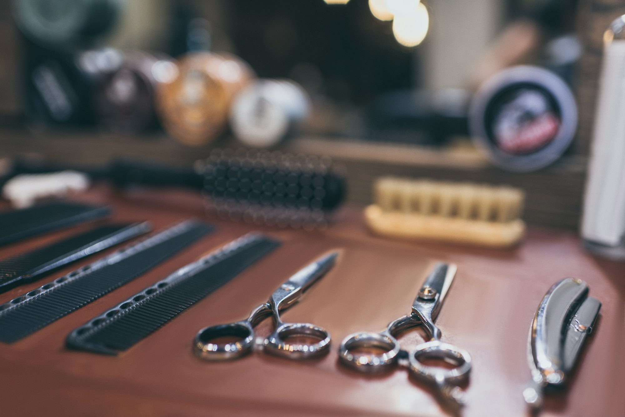 Set of professional equipment on barbers workplace